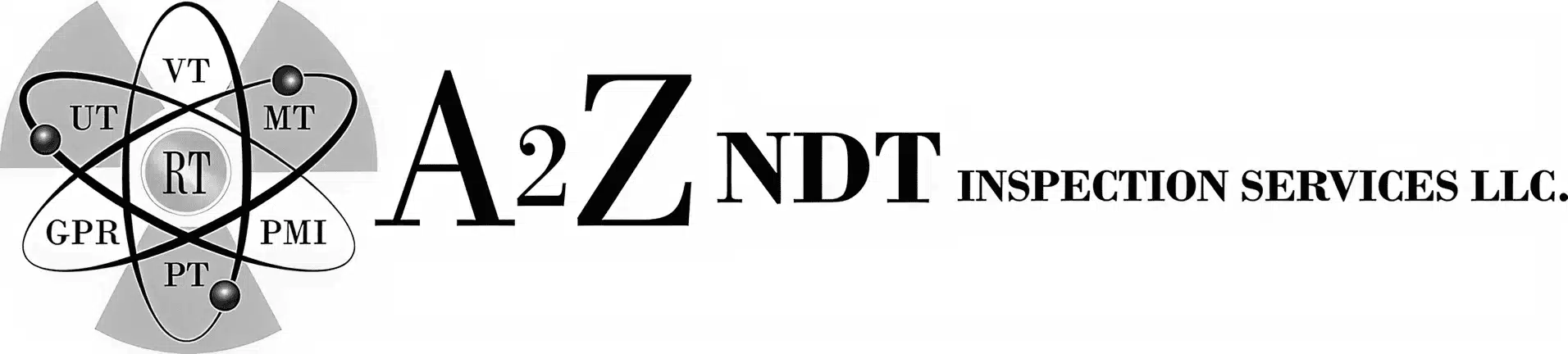 A2Z NDT Inspection Services LLC logo featuring an atomic-style symbol with testing methods labeled UT, MT, RT, PT, PMI, GPR, and VT.